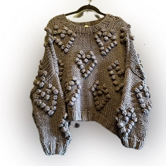 Wishlist Heart sweater S/M dark gray Valentines Day knit Pom Pom Sweater - Picture 10 of 16